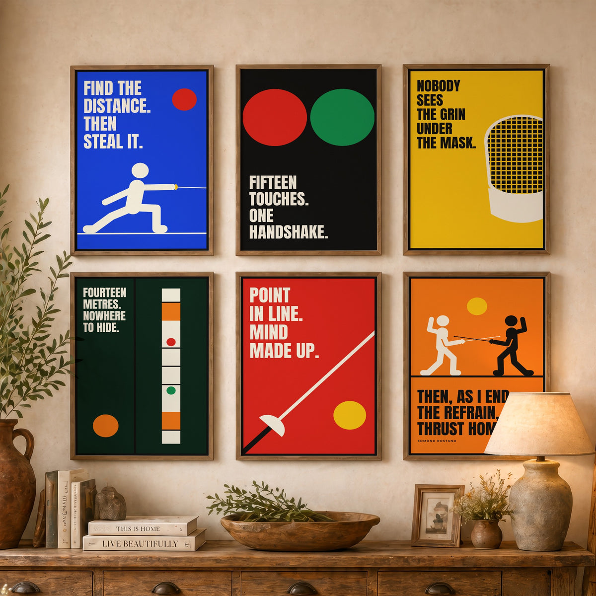 Set of Six Fencing Quote Art Prints - 6 Bauhaus Fencer Posters - Minimalist Sport Illustration - Foil, Mask, Piste