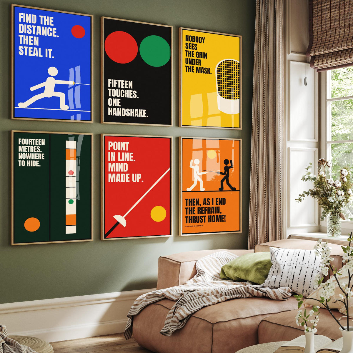 Set of Six Fencing Quote Art Prints - 6 Bauhaus Fencer Posters - Minimalist Sport Illustration - Foil, Mask, Piste