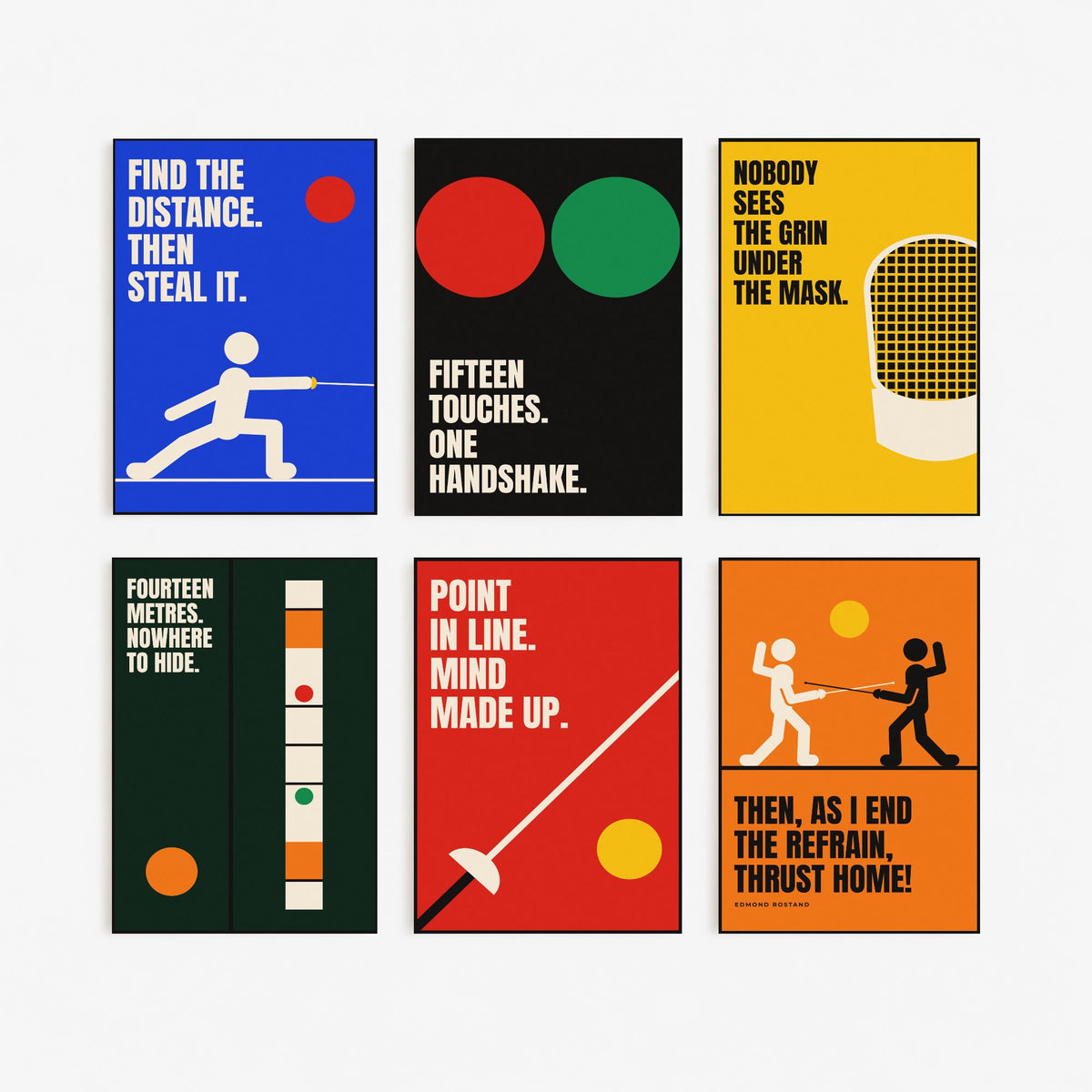 Set of Six Fencing Quote Art Prints - 6 Bauhaus Fencer Posters - Minimalist Sport Illustration - Foil, Mask, Piste
