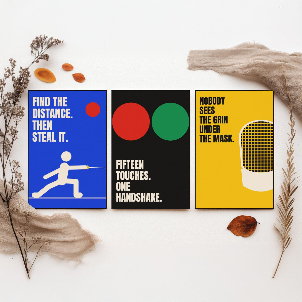 Fencing Quotes Set of Three Art Prints - 3 Bauhaus Fencer Posters - Minimalist Sport Wall Art Illustration V1