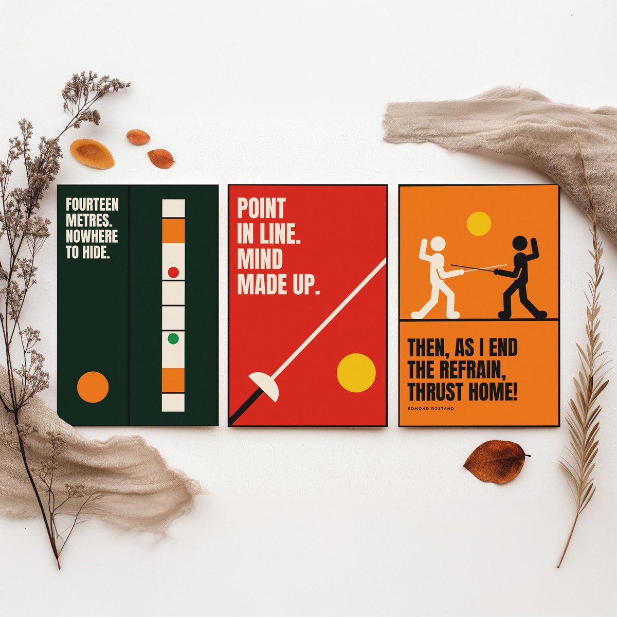 Fencing Quotes Set of Three Art Prints - 3 Retro Bauhaus Fencer Posters - Minimalist Sport Wall Art Illustration V2