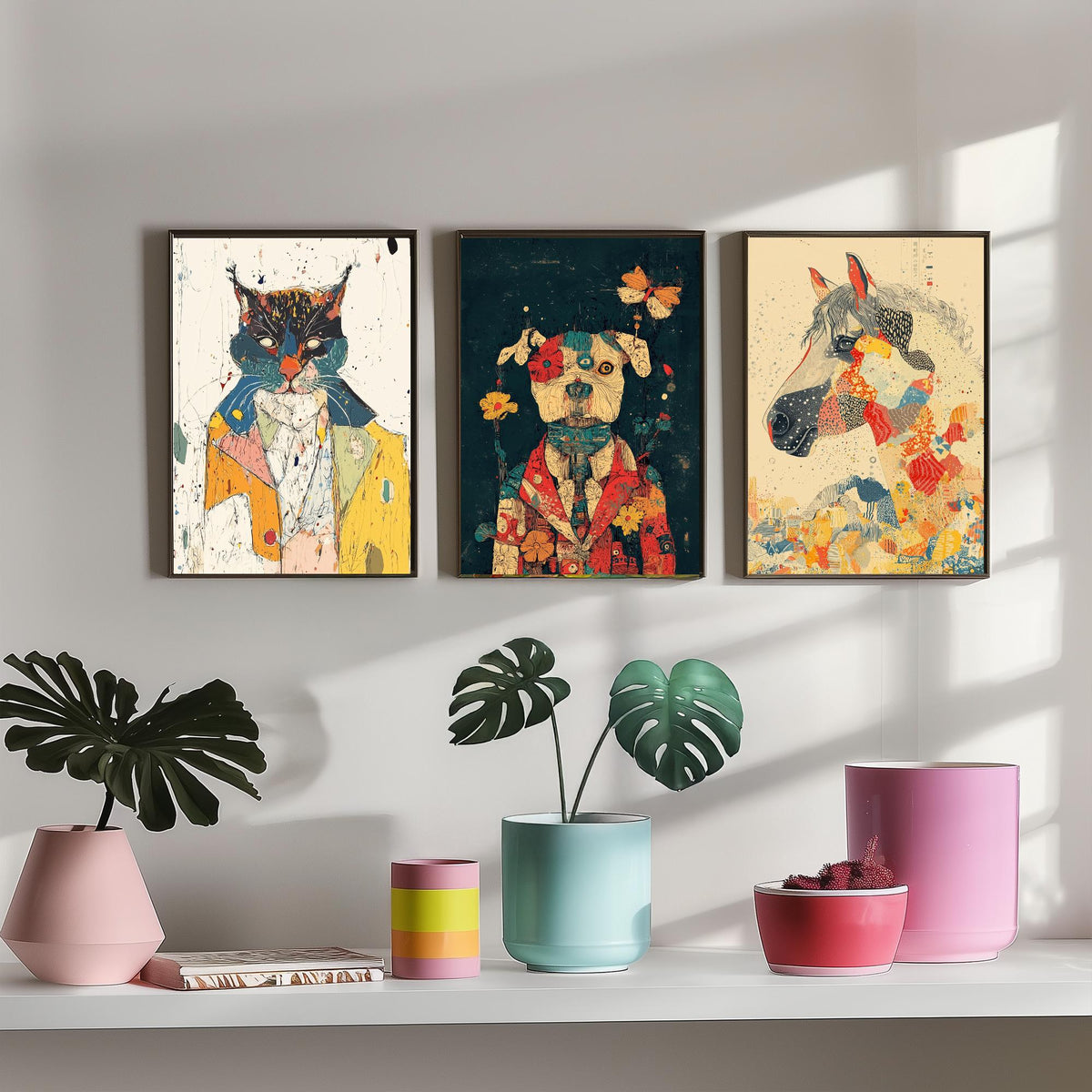 Feral Floral Set of Three Art Prints - 3 Cat Dog Horse Posters - Whimsical Animal Wall Art Gift Illustration Floral