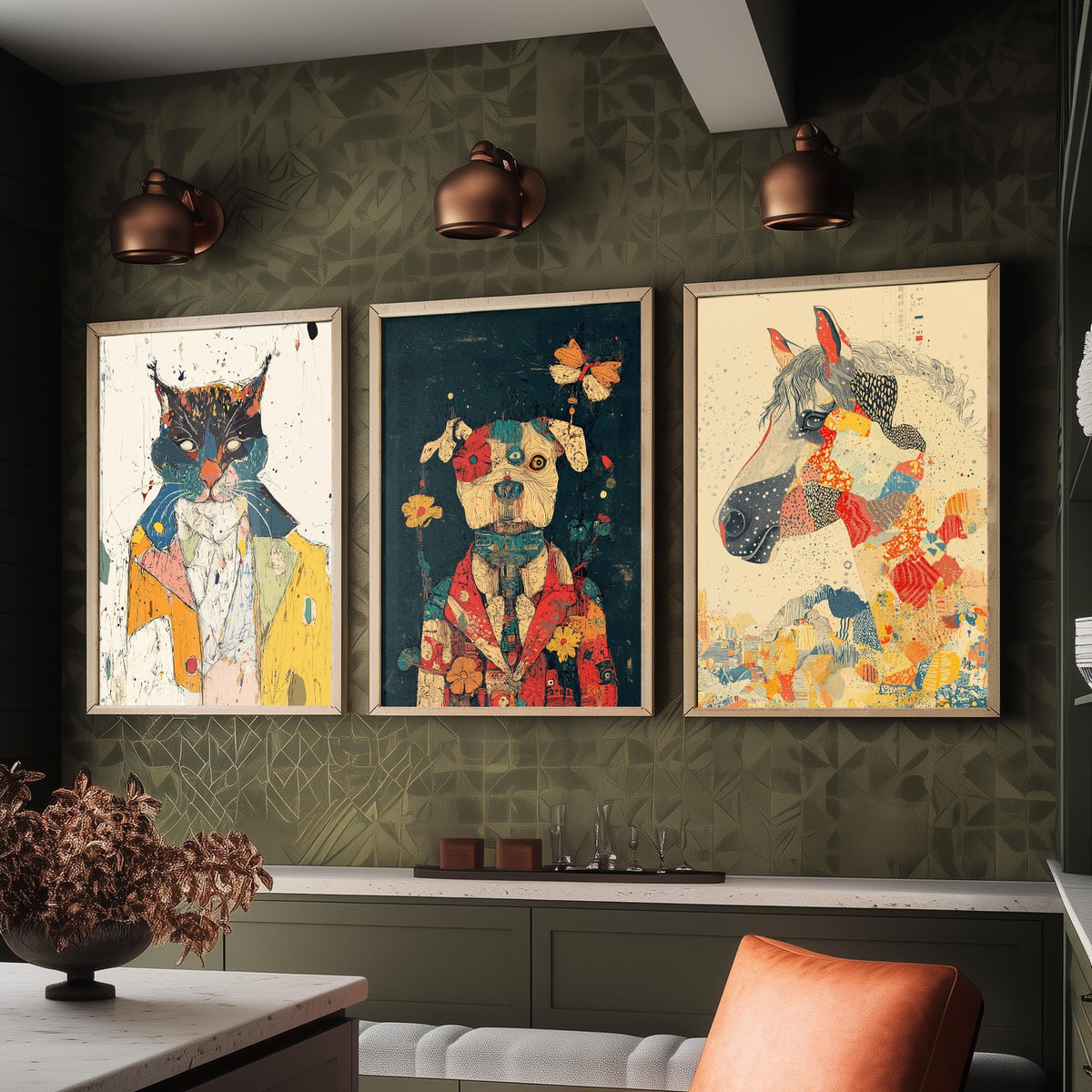 Feral Floral Set of Three Art Prints - 3 Cat Dog Horse Posters - Whimsical Animal Wall Art Gift Illustration Floral