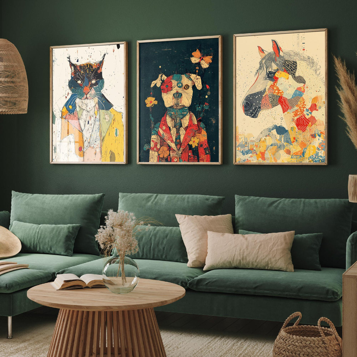 Feral Floral Set of Three Art Prints - 3 Cat Dog Horse Posters - Whimsical Animal Wall Art Gift Illustration Floral