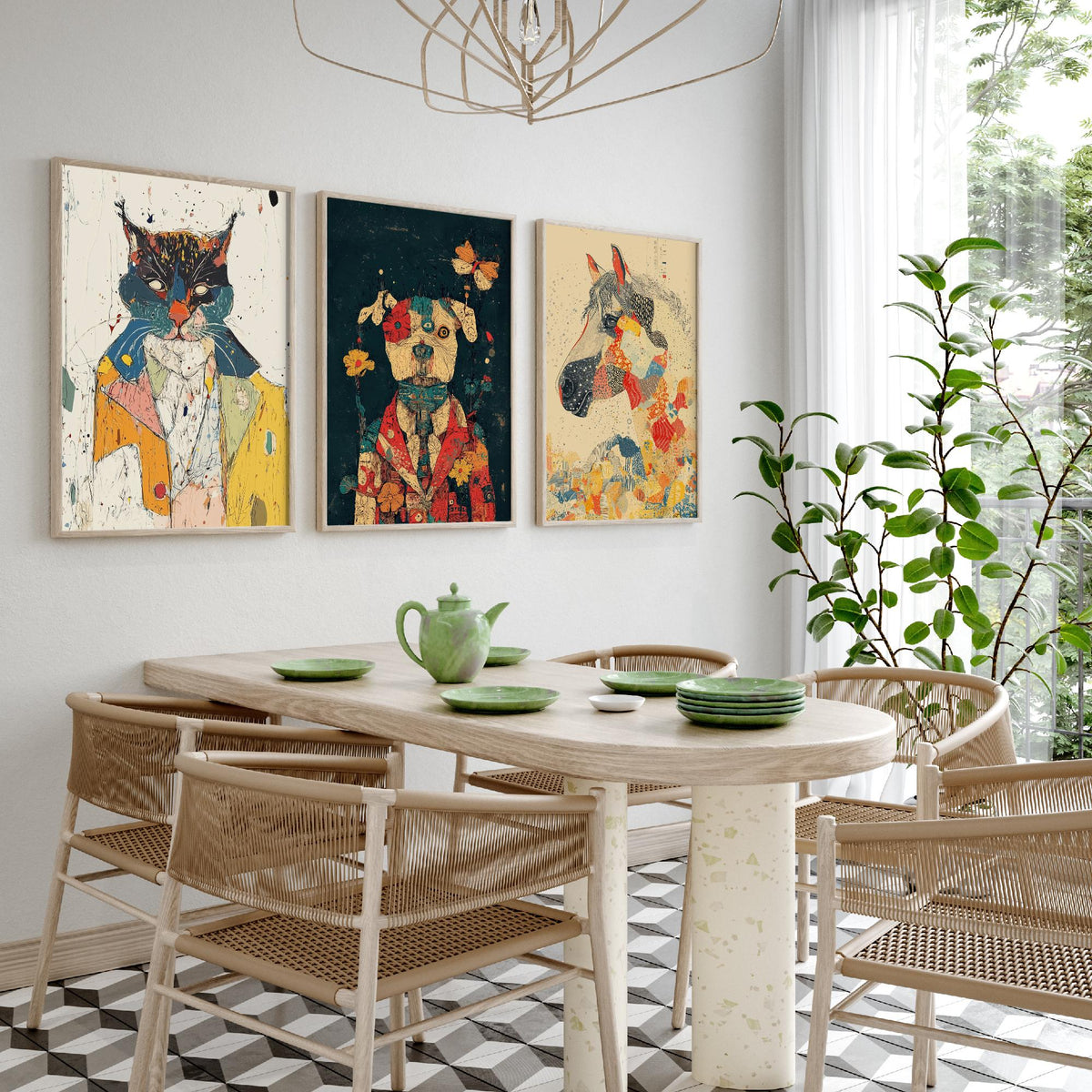 Feral Floral Set of Three Art Prints - 3 Cat Dog Horse Posters - Whimsical Animal Wall Art Gift Illustration Floral