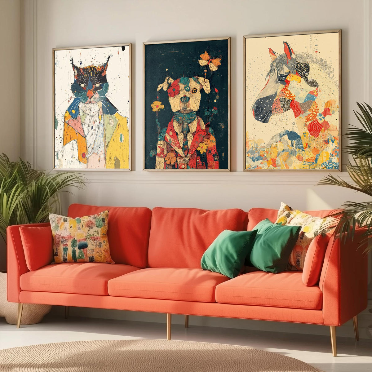 Feral Floral Set of Three Art Prints - 3 Cat Dog Horse Posters - Whimsical Animal Wall Art Gift Illustration Floral