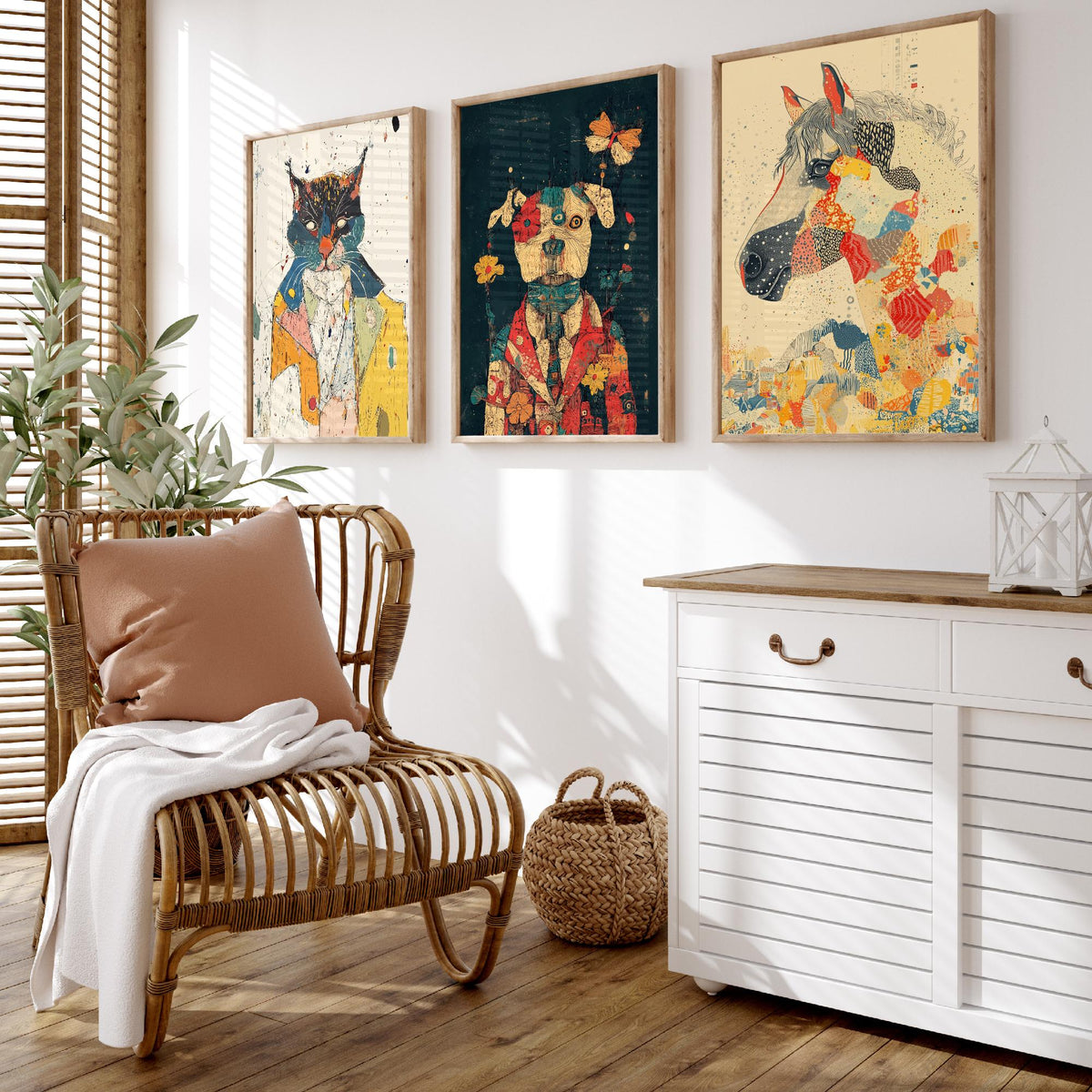 Feral Floral Set of Three Art Prints - 3 Cat Dog Horse Posters - Whimsical Animal Wall Art Gift Illustration Floral