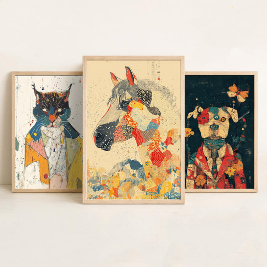Feral Floral Set of Three Art Prints - 3 Cat Dog Horse Posters - Whimsical Animal Wall Art Gift Illustration Floral