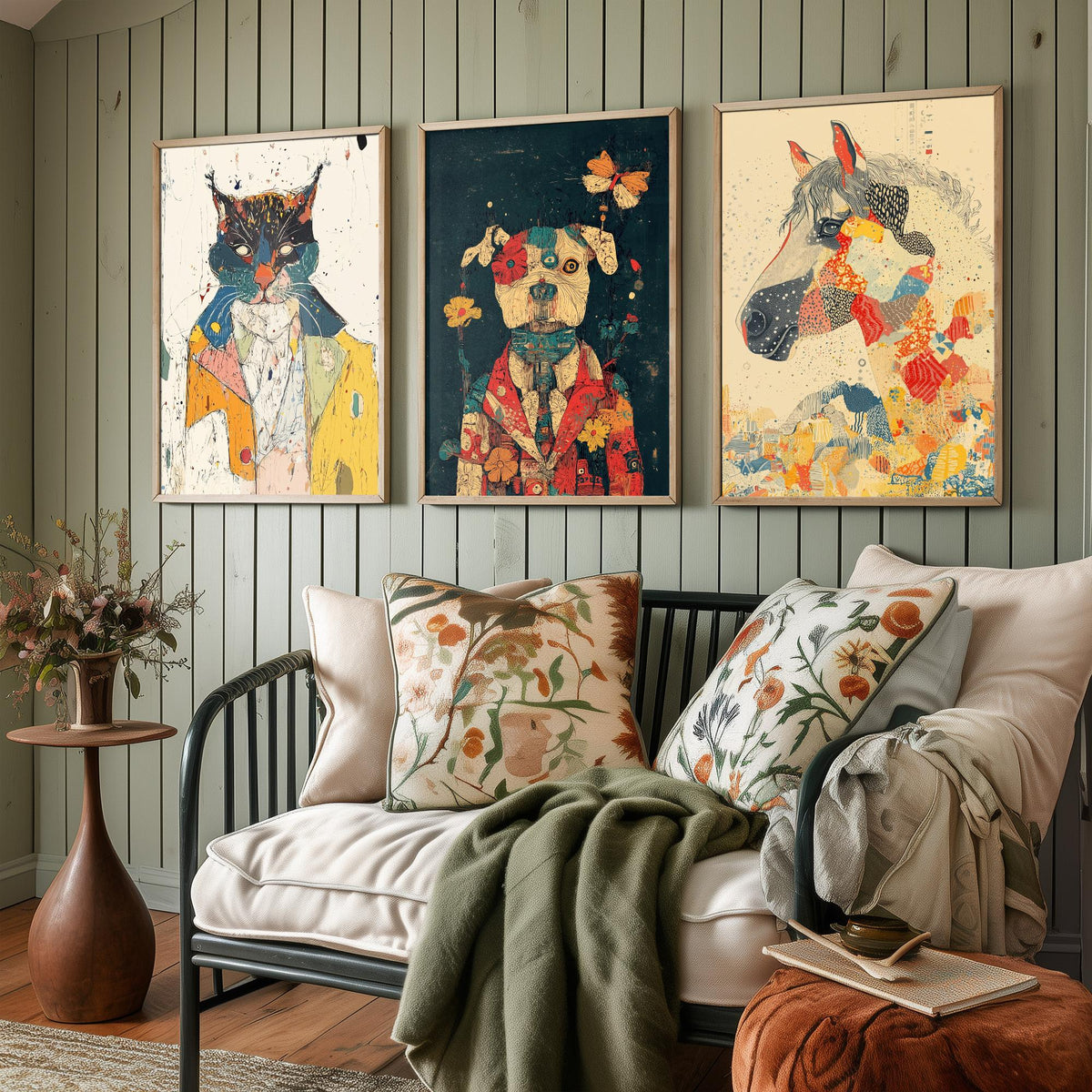 Feral Floral Set of Three Art Prints - 3 Cat Dog Horse Posters - Whimsical Animal Wall Art Gift Illustration Floral