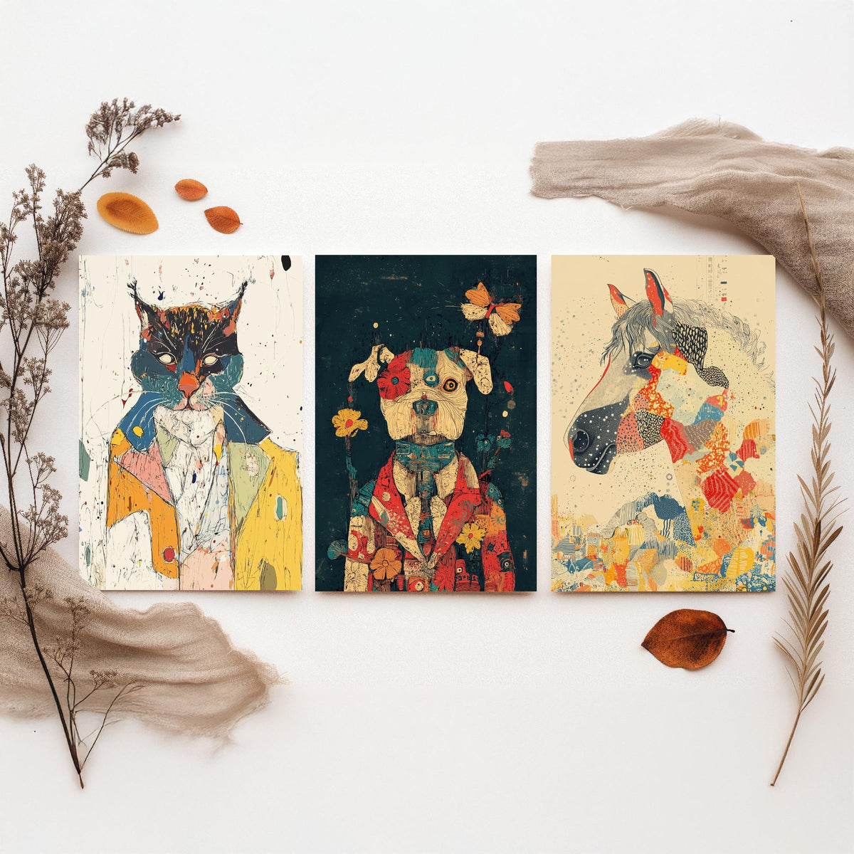 Feral Floral Set of Three Art Prints - 3 Cat Dog Horse Posters - Whimsical Animal Wall Art Gift Illustration Floral