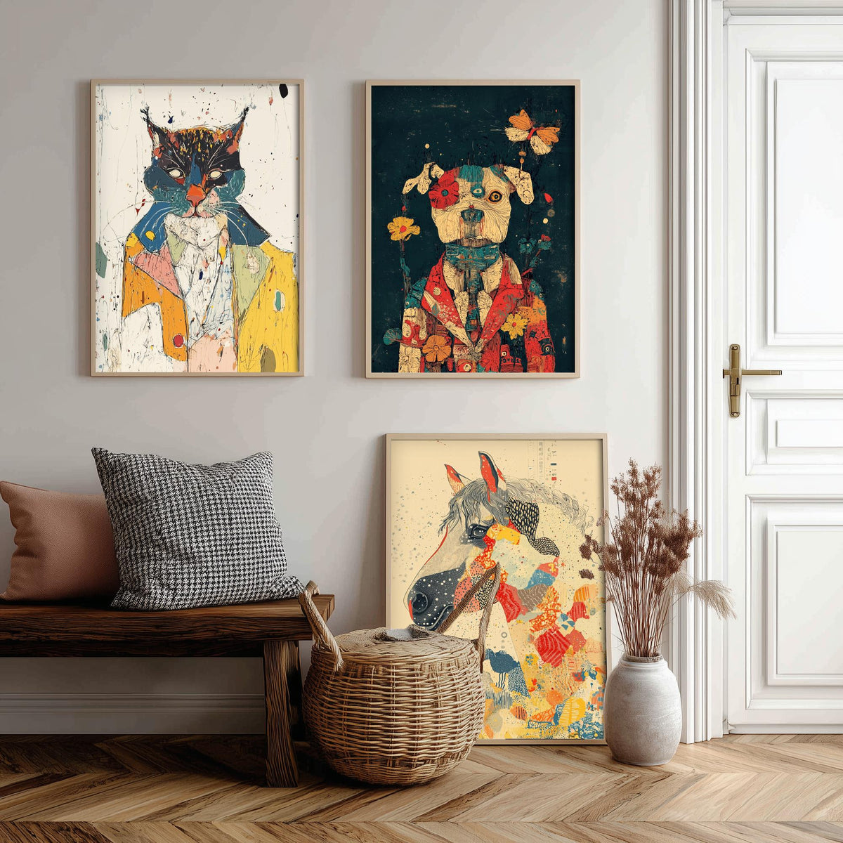 Feral Floral Set of Three Art Prints - 3 Cat Dog Horse Posters - Whimsical Animal Wall Art Gift Illustration Floral