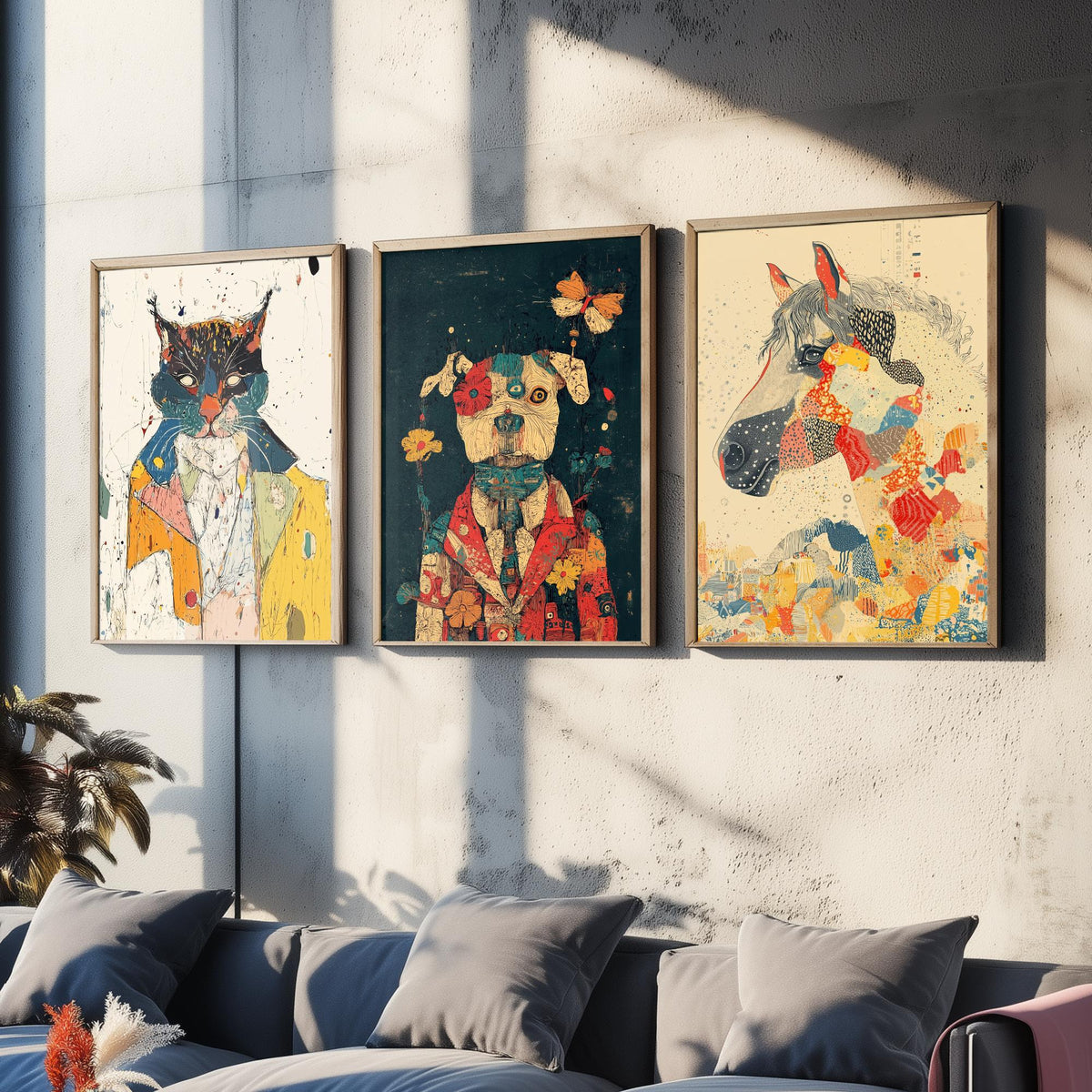 Feral Floral Set of Three Art Prints - 3 Cat Dog Horse Posters - Whimsical Animal Wall Art Gift Illustration Floral