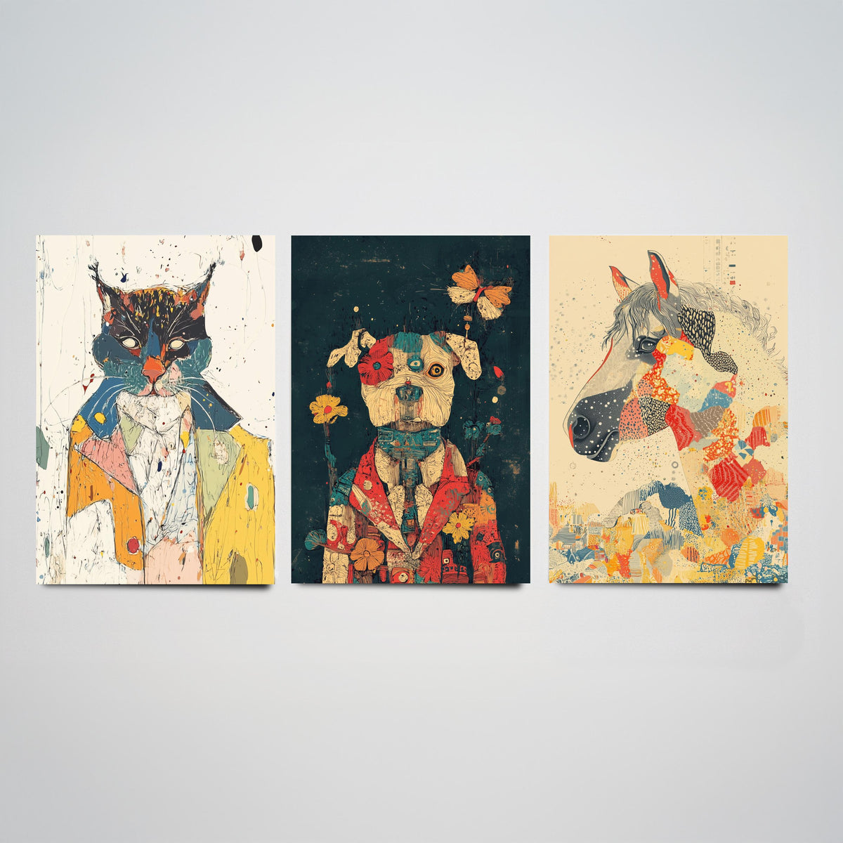 Feral Floral Set of Three Art Prints - 3 Cat Dog Horse Posters - Whimsical Animal Wall Art Gift Illustration Floral