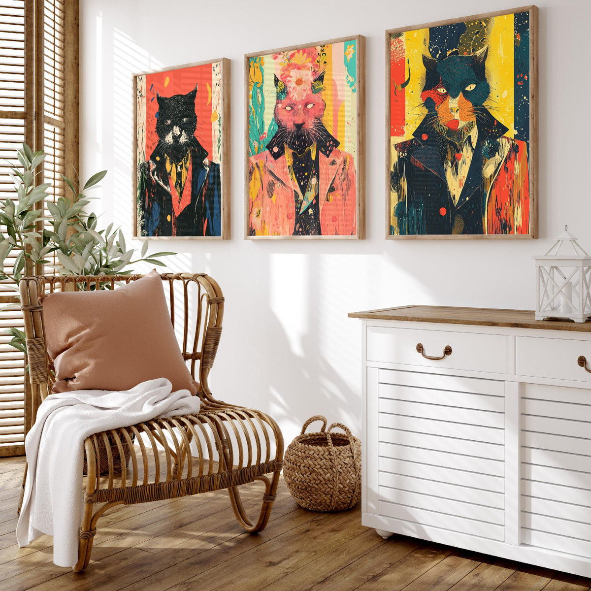Feral Floral Cat Set of Three Art Prints - 3 Dapper Cat Posters - Whimsical Screen Print Wall Art Gift Illustration Quirky