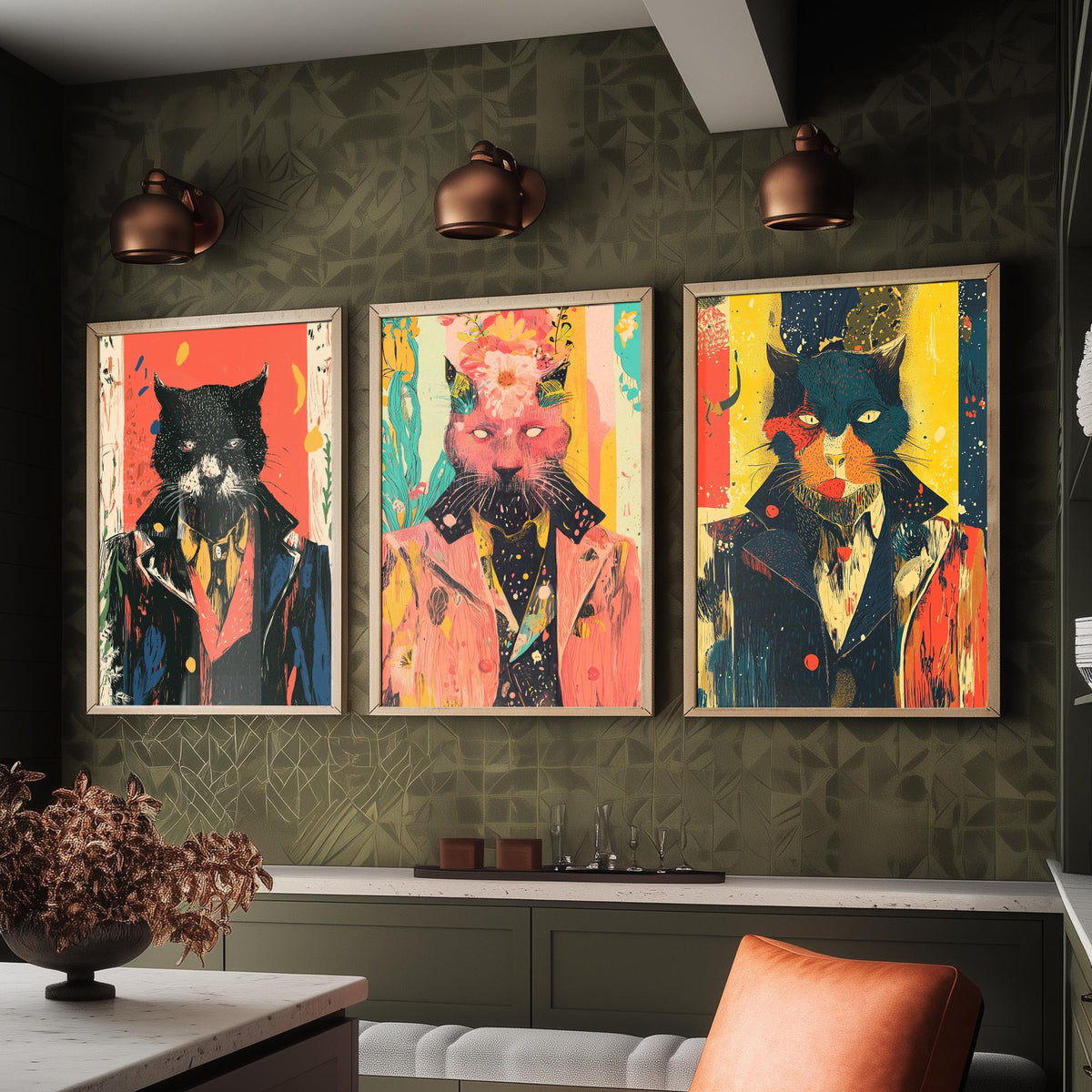 Feral Floral Cat Set of Three Art Prints - 3 Dapper Cat Posters - Whimsical Screen Print Wall Art Gift Illustration Quirky