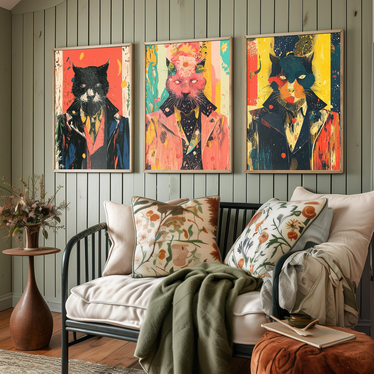 Feral Floral Cat Set of Three Art Prints - 3 Dapper Cat Posters - Whimsical Screen Print Wall Art Gift Illustration Quirky