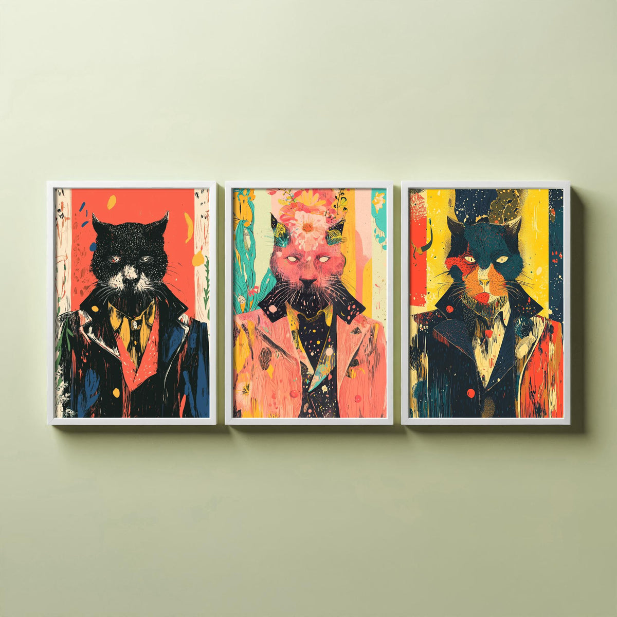Feral Floral Cat Set of Three Art Prints - 3 Dapper Cat Posters - Whimsical Screen Print Wall Art Gift Illustration Quirky