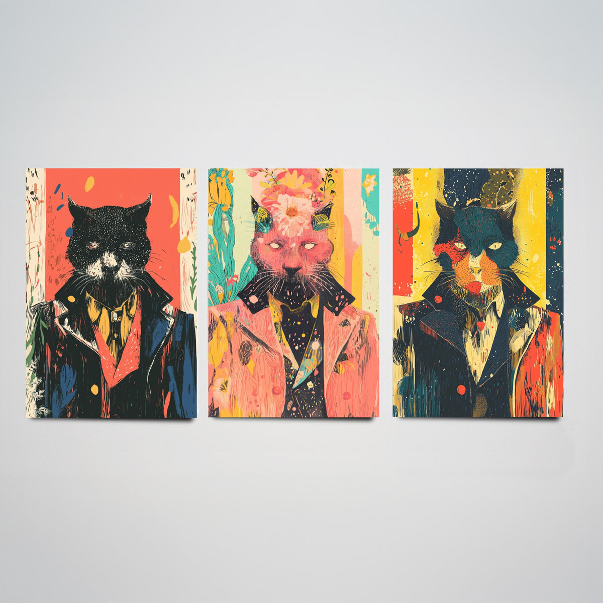 Feral Floral Cat Set of Three Art Prints - 3 Dapper Cat Posters - Whimsical Screen Print Wall Art Gift Illustration Quirky