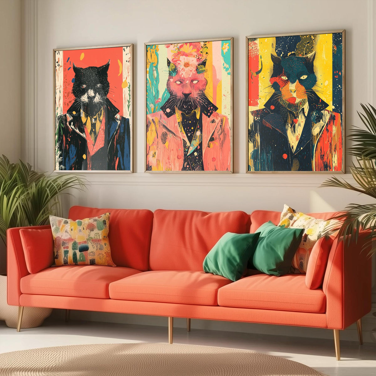 Feral Floral Cat Set of Three Art Prints - 3 Dapper Cat Posters - Whimsical Screen Print Wall Art Gift Illustration Quirky