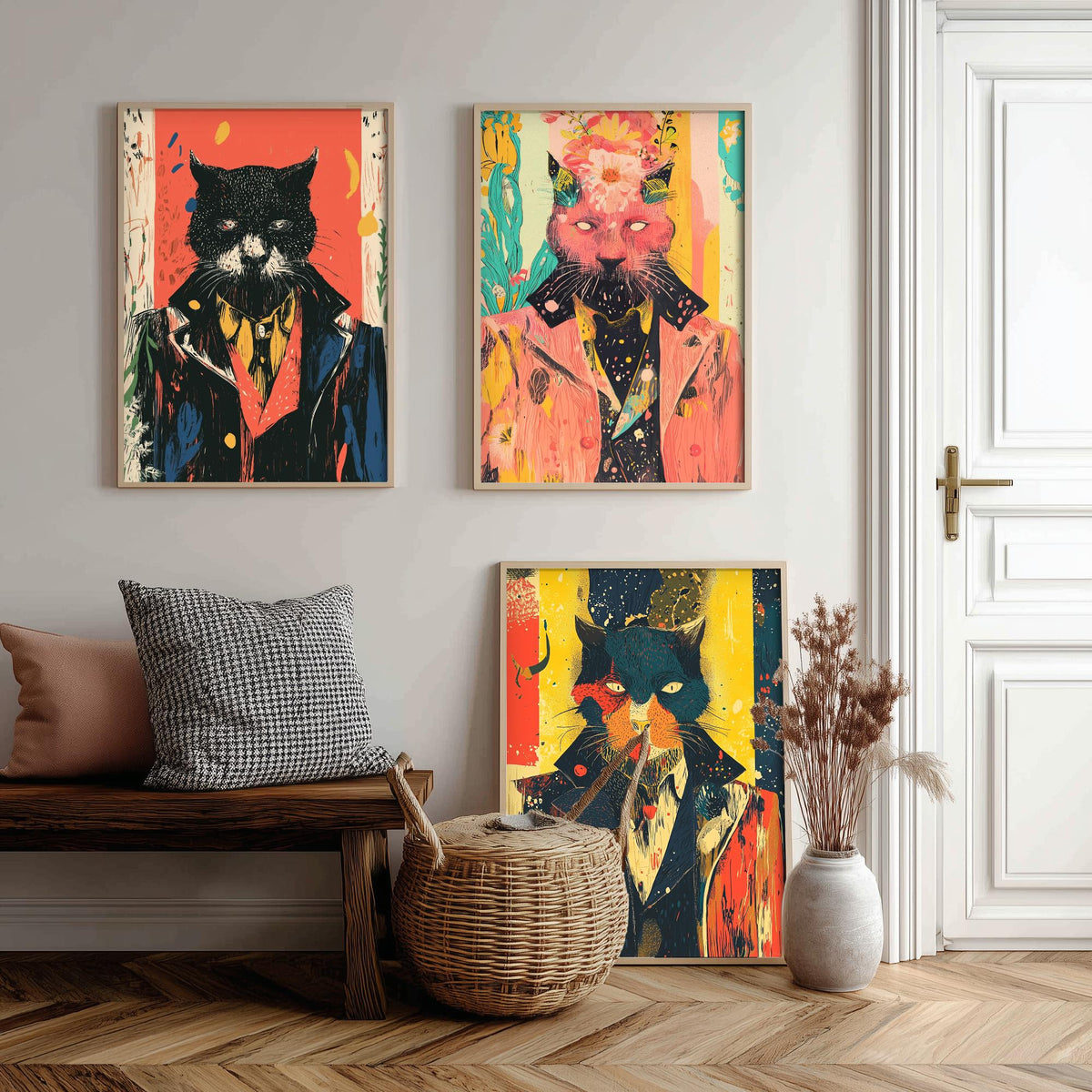 Feral Floral Cat Set of Three Art Prints - 3 Dapper Cat Posters - Whimsical Screen Print Wall Art Gift Illustration Quirky