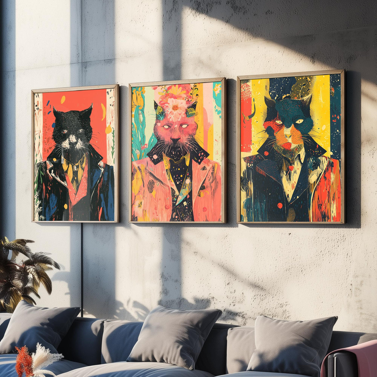 Feral Floral Cat Set of Three Art Prints - 3 Dapper Cat Posters - Whimsical Screen Print Wall Art Gift Illustration Quirky
