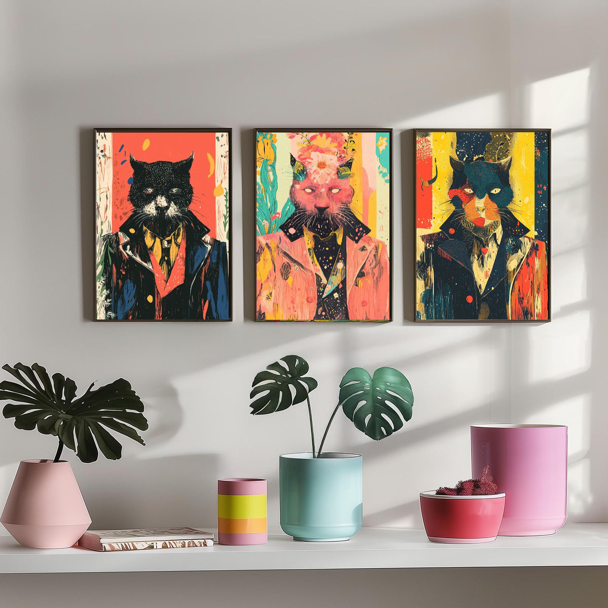 Feral Floral Cat Set of Three Art Prints - 3 Dapper Cat Posters - Whimsical Screen Print Wall Art Gift Illustration Quirky