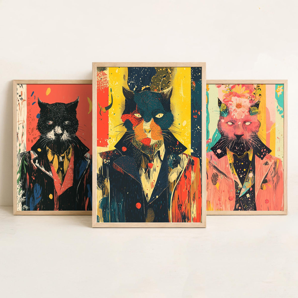 Feral Floral Cat Set of Three Art Prints - 3 Dapper Cat Posters - Whimsical Screen Print Wall Art Gift Illustration Quirky