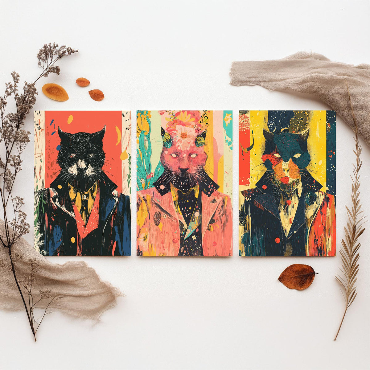 Feral Floral Cat Set of Three Art Prints - 3 Dapper Cat Posters - Whimsical Screen Print Wall Art Gift Illustration Quirky