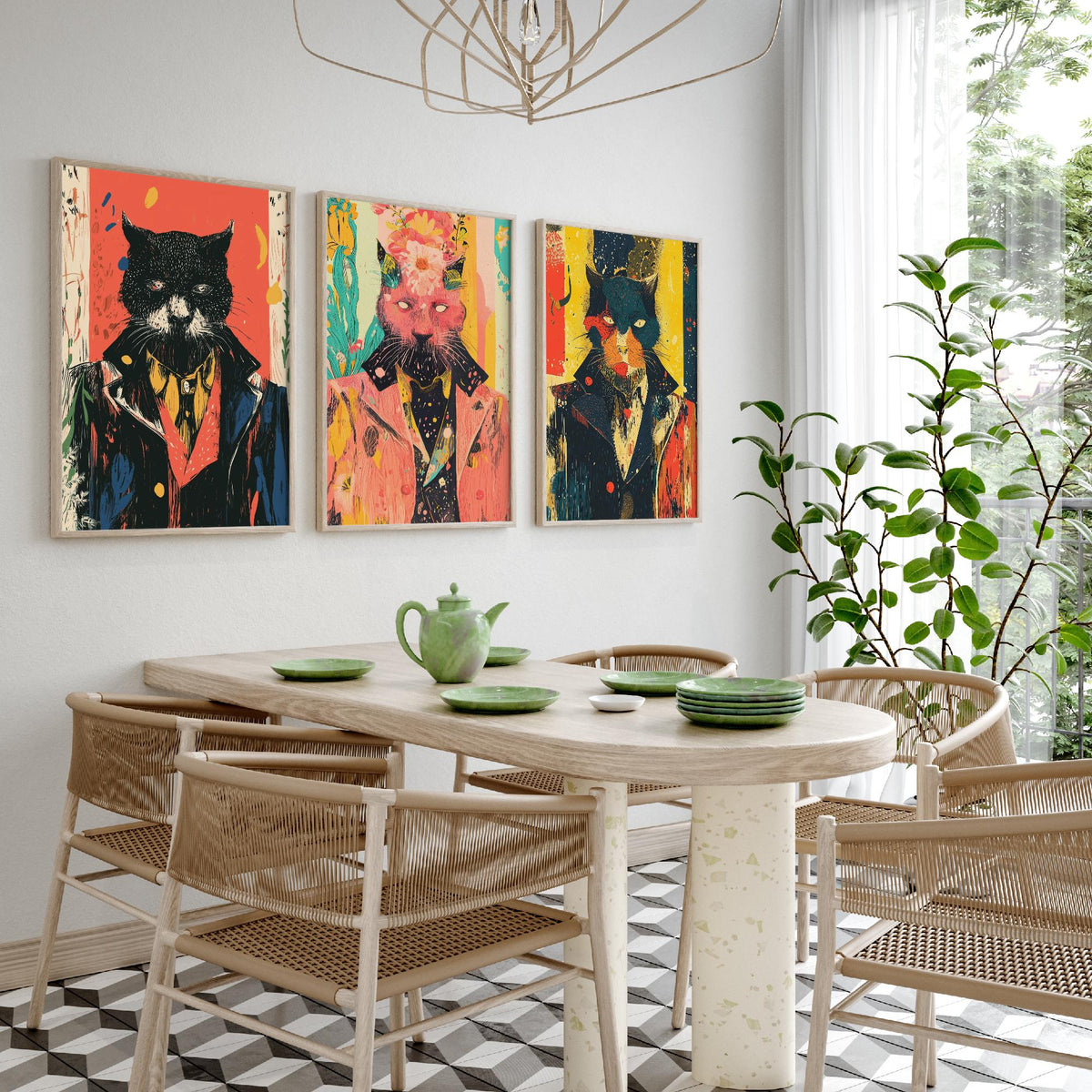 Feral Floral Cat Set of Three Art Prints - 3 Dapper Cat Posters - Whimsical Screen Print Wall Art Gift Illustration Quirky