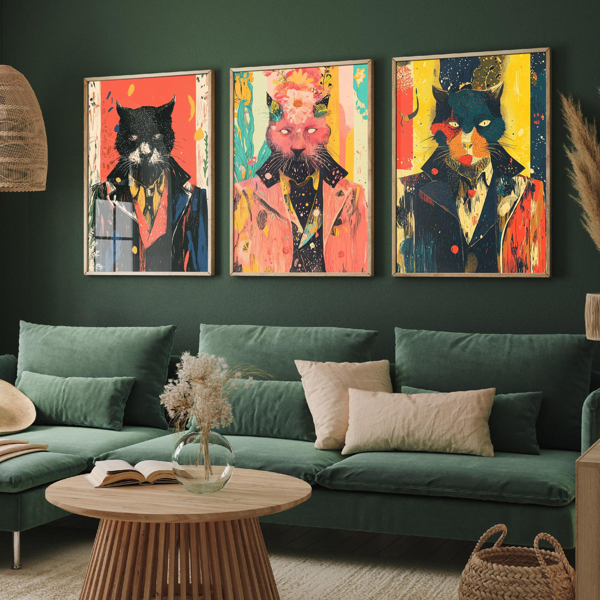 Feral Floral Cat Set of Three Art Prints - 3 Dapper Cat Posters - Whimsical Screen Print Wall Art Gift Illustration Quirky