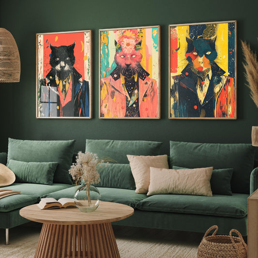 Feral Floral Cat Set of Three Art Prints - 3 Dapper Cat Posters - Whimsical Screen Print Wall Art Gift Illustration Quirky