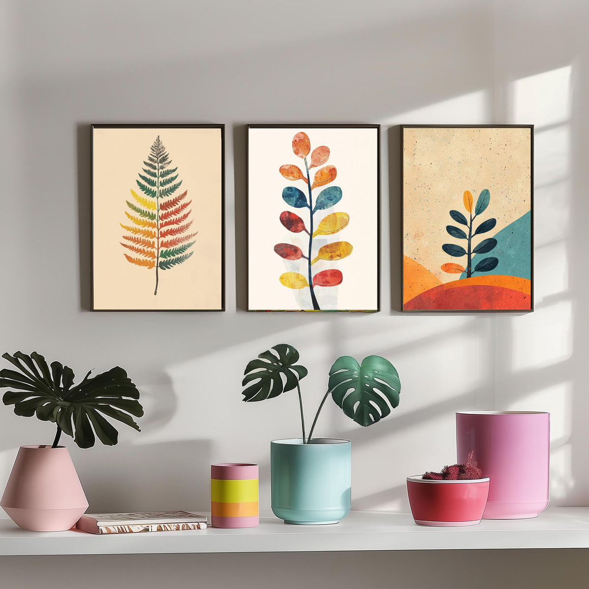 Feral Floral Fern Set of Three Art Prints V1 - 3 Botanical Leaf Posters - Mid Century Boho Wall Art Gift Illustration Nature