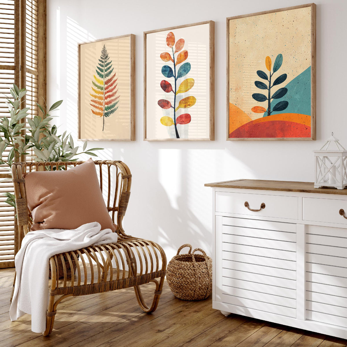 Feral Floral Fern Set of Three Art Prints V1 - 3 Botanical Leaf Posters - Mid Century Boho Wall Art Gift Illustration Nature