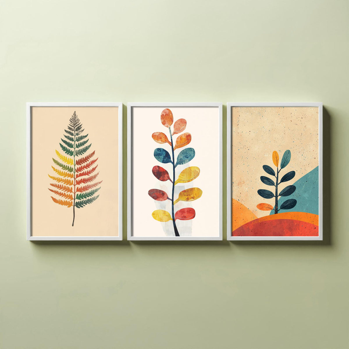Feral Floral Fern Set of Three Art Prints V1 - 3 Botanical Leaf Posters - Mid Century Boho Wall Art Gift Illustration Nature