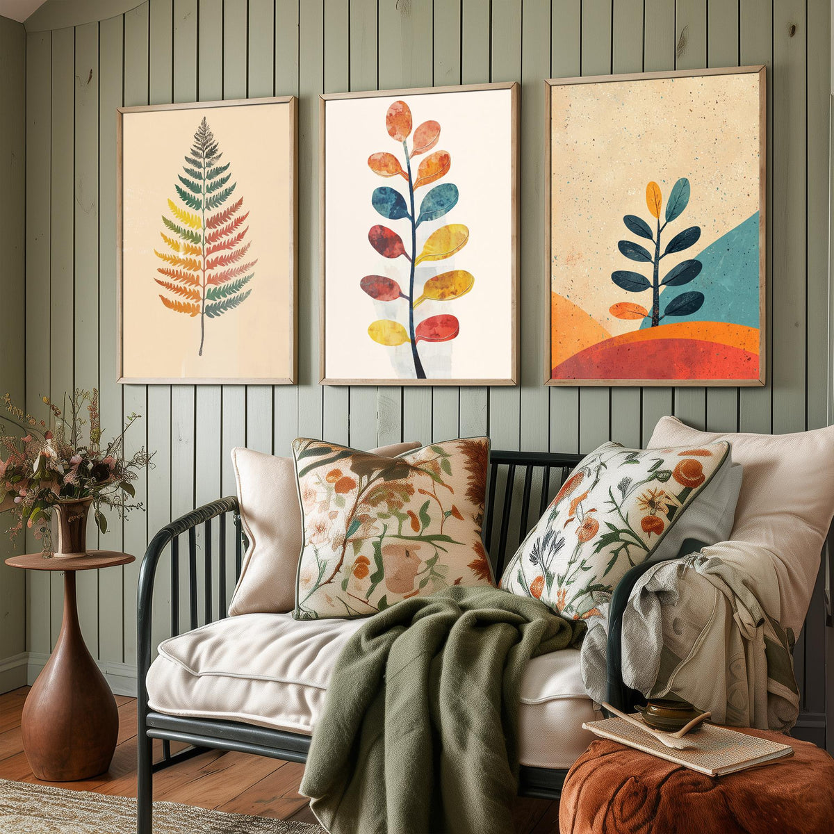 Feral Floral Fern Set of Three Art Prints V1 - 3 Botanical Leaf Posters - Mid Century Boho Wall Art Gift Illustration Nature