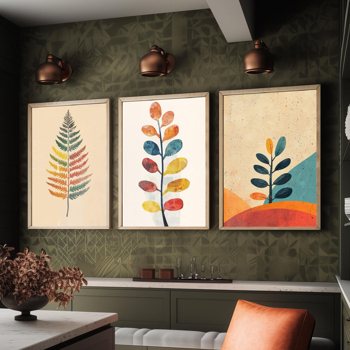 Feral Floral Fern Set of Three Art Prints V1 - 3 Botanical Leaf Posters - Mid Century Boho Wall Art Gift Illustration Nature