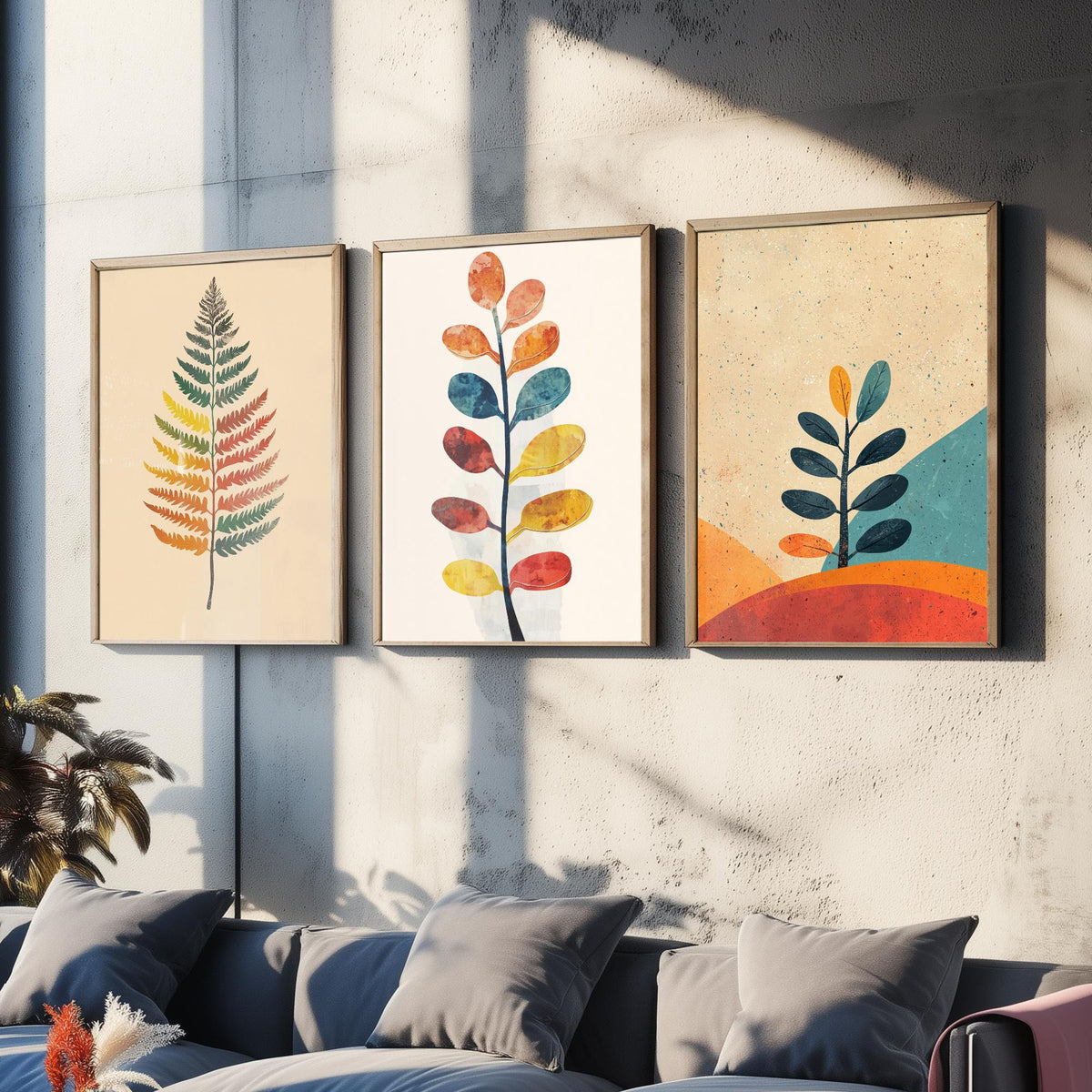 Feral Floral Fern Set of Three Art Prints V1 - 3 Botanical Leaf Posters - Mid Century Boho Wall Art Gift Illustration Nature