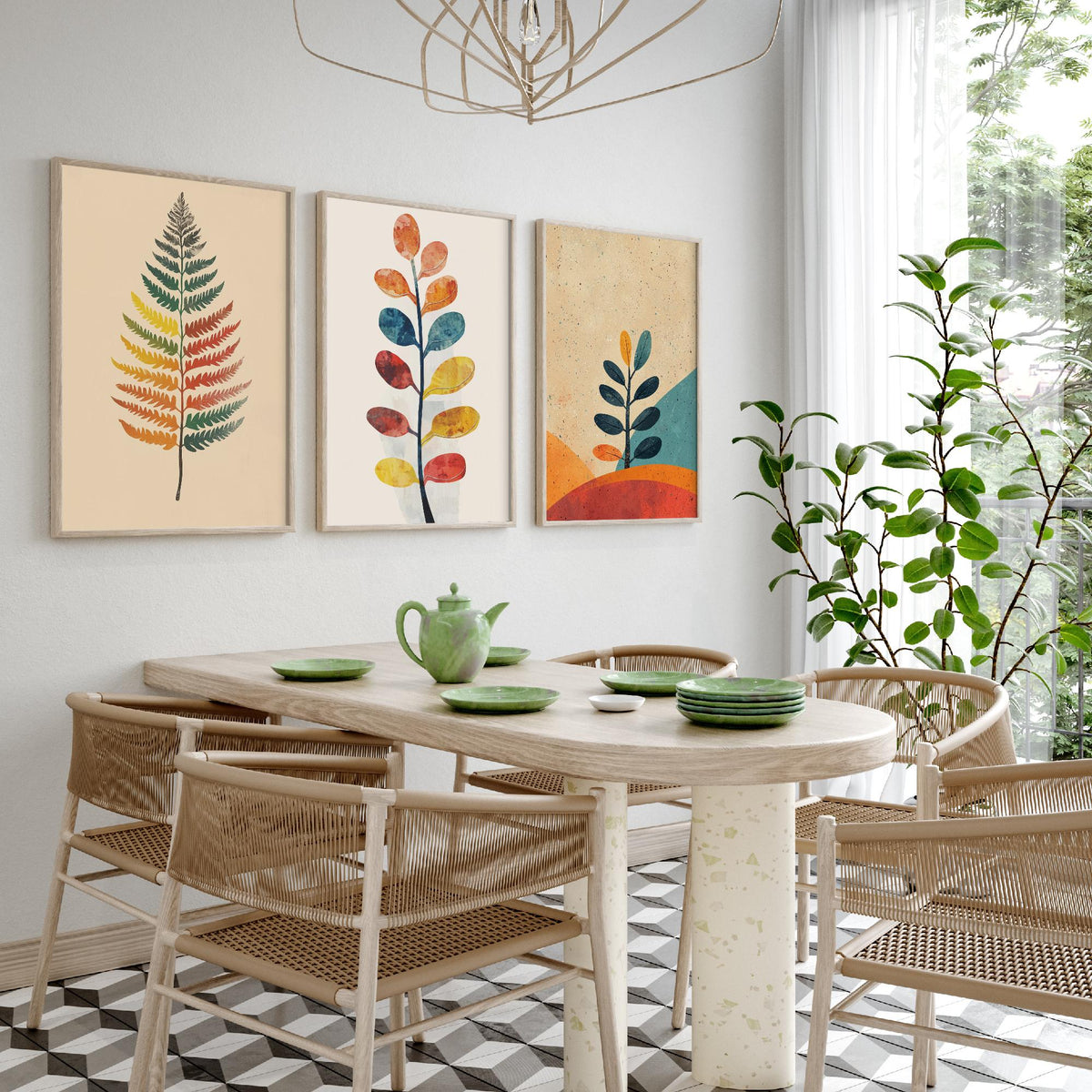 Feral Floral Fern Set of Three Art Prints V1 - 3 Botanical Leaf Posters - Mid Century Boho Wall Art Gift Illustration Nature