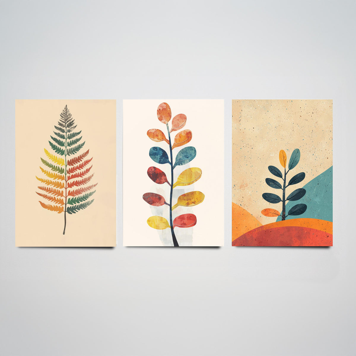Feral Floral Fern Set of Three Art Prints V1 - 3 Botanical Leaf Posters - Mid Century Boho Wall Art Gift Illustration Nature