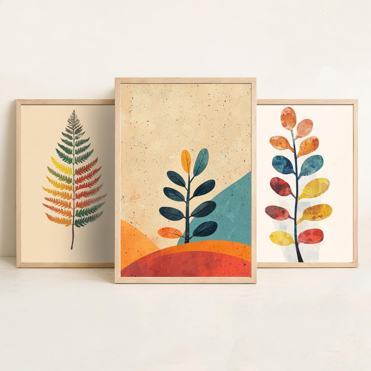 Feral Floral Fern Set of Three Art Prints V1 - 3 Botanical Leaf Posters - Mid Century Boho Wall Art Gift Illustration Nature