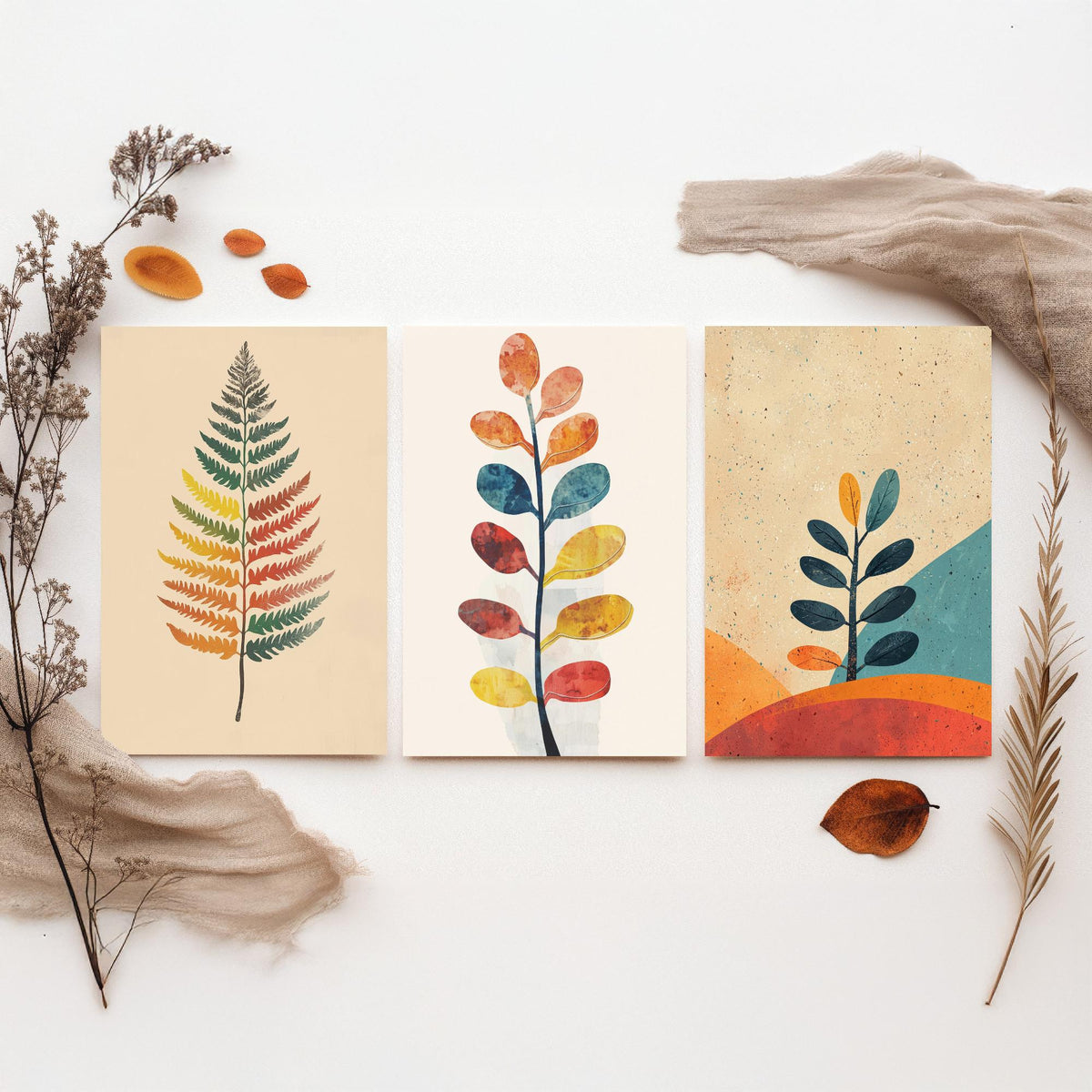 Feral Floral Fern Set of Three Art Prints V1 - 3 Botanical Leaf Posters - Mid Century Boho Wall Art Gift Illustration Nature