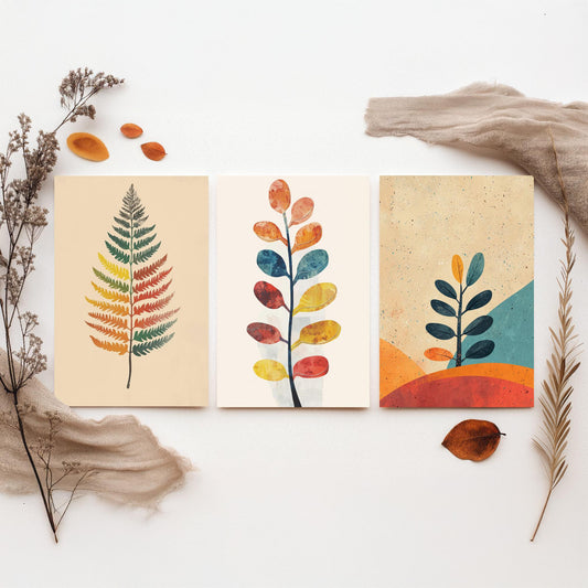 Feral Floral Fern Set of Three Art Prints V1 - 3 Botanical Leaf Posters - Mid Century Boho Wall Art Gift Illustration Nature
