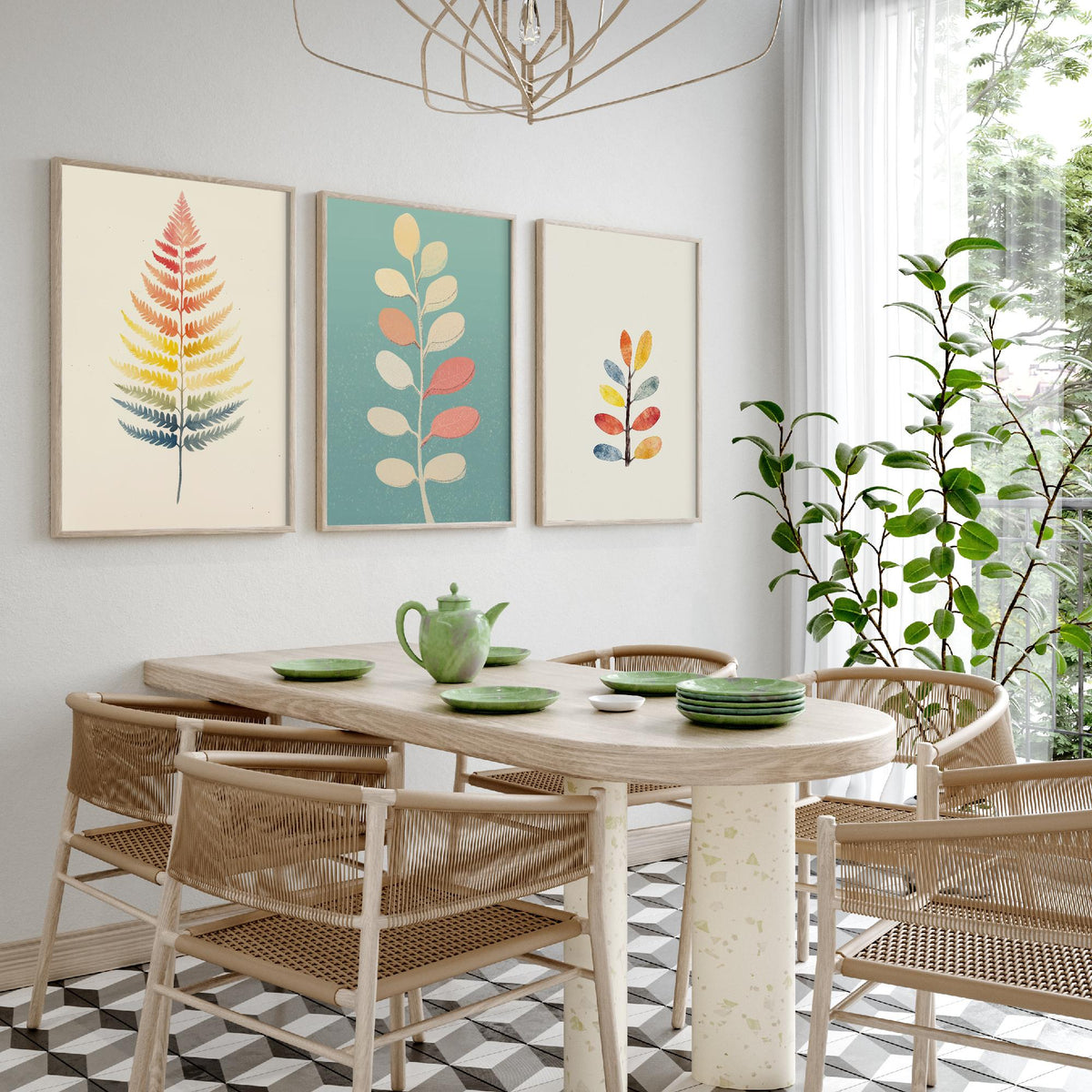 Feral Floral Fern Set of Three Art Prints V2 - 3 Botanical Leaf Posters - Pastel Scandi Boho Wall Art Gift Illustration Nature