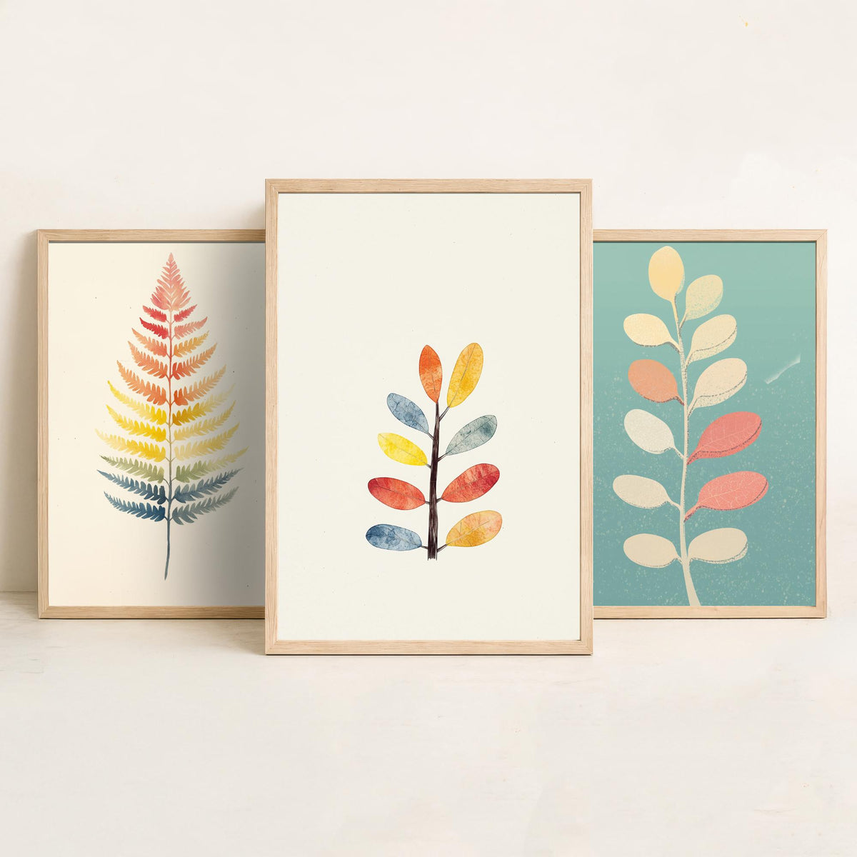 Feral Floral Fern Set of Three Art Prints V2 - 3 Botanical Leaf Posters - Pastel Scandi Boho Wall Art Gift Illustration Nature