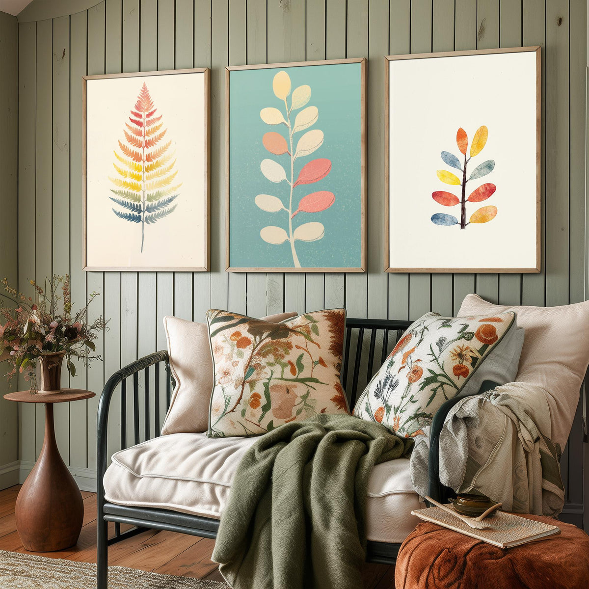 Feral Floral Fern Set of Three Art Prints V2 - 3 Botanical Leaf Posters - Pastel Scandi Boho Wall Art Gift Illustration Nature