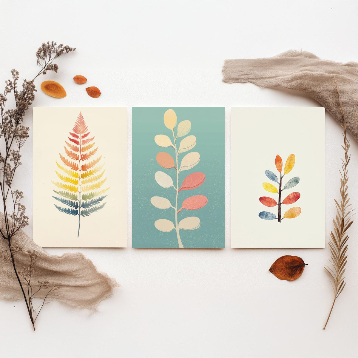 Feral Floral Fern Set of Three Art Prints V2 - 3 Botanical Leaf Posters - Pastel Scandi Boho Wall Art Gift Illustration Nature