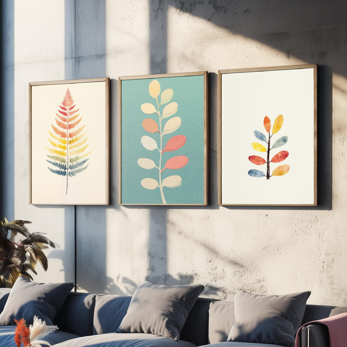 Feral Floral Fern Set of Three Art Prints V2 - 3 Botanical Leaf Posters - Pastel Scandi Boho Wall Art Gift Illustration Nature