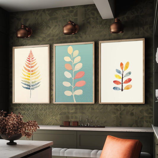 Feral Floral Fern Set of Three Art Prints V2 - 3 Botanical Leaf Posters - Pastel Scandi Boho Wall Art Gift Illustration Nature