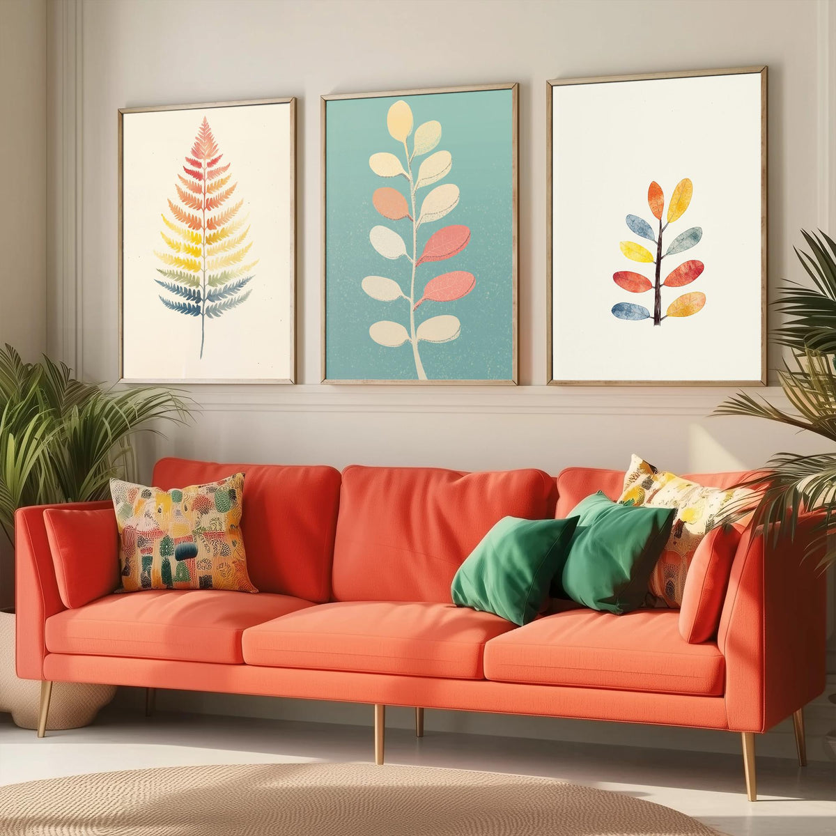 Feral Floral Fern Set of Three Art Prints V2 - 3 Botanical Leaf Posters - Pastel Scandi Boho Wall Art Gift Illustration Nature