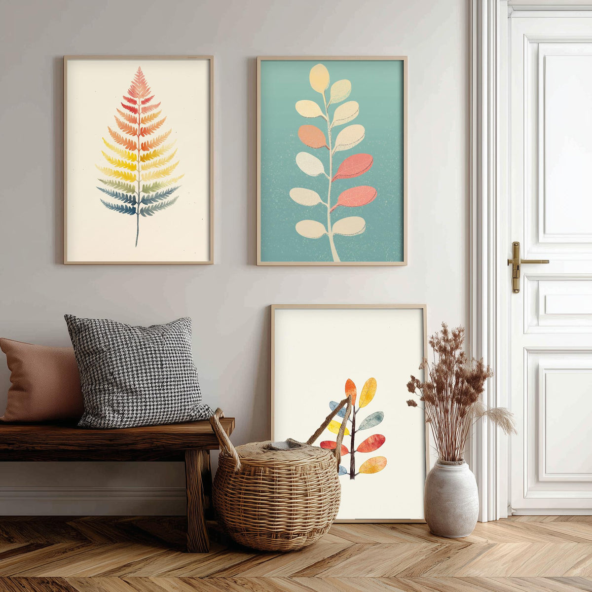 Feral Floral Fern Set of Three Art Prints V2 - 3 Botanical Leaf Posters - Pastel Scandi Boho Wall Art Gift Illustration Nature